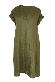 Product shot of the Studio Linen Dress in colour Khaki (Green), from the front