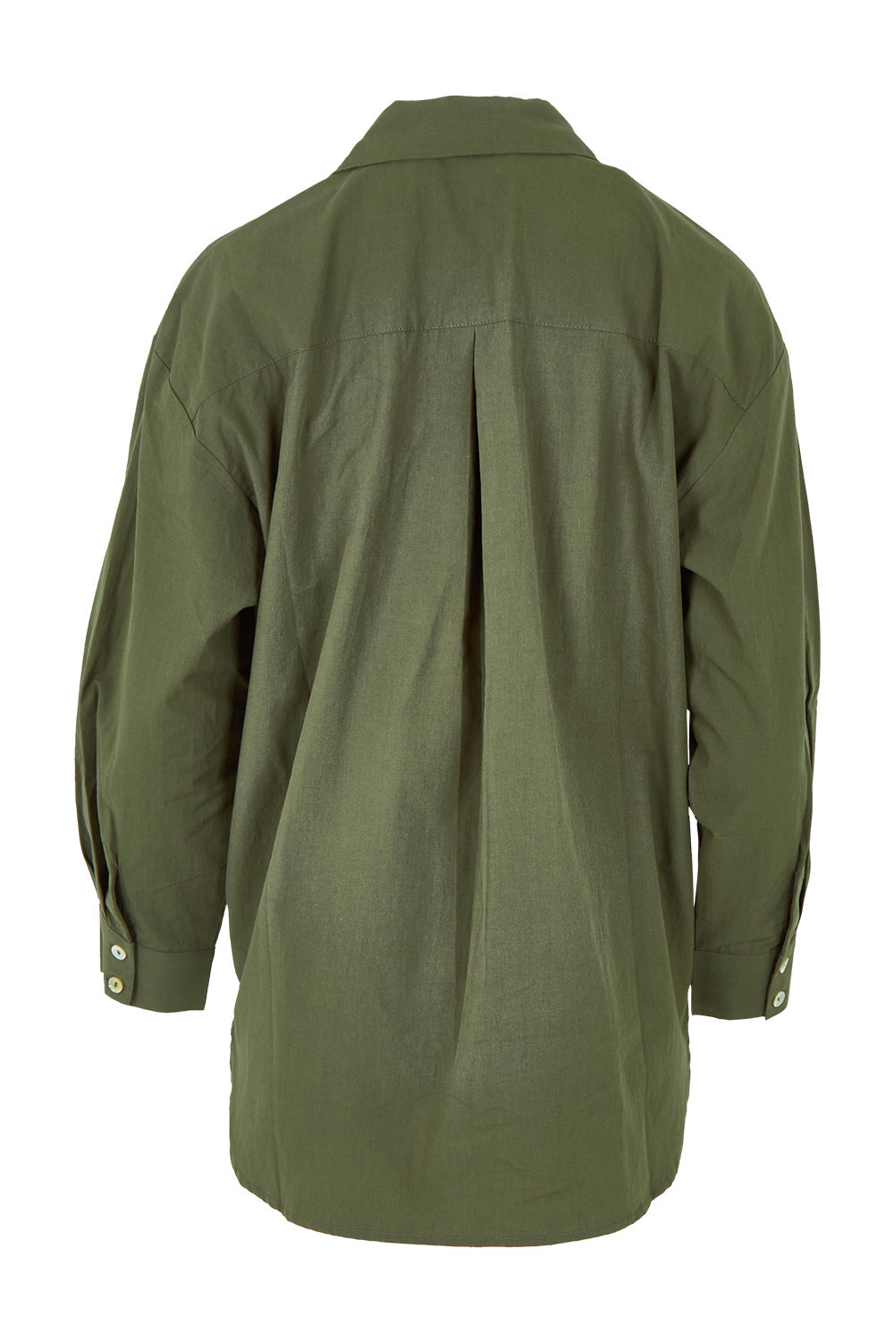 Product shot of the Studio Oversize Cotton Shirt in colour Khaki (Green), from the back