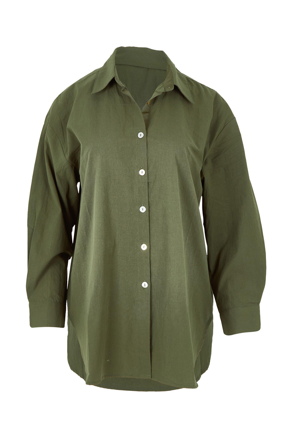 Product shot of the Studio Oversize Cotton Shirt in colour Khaki (Green), from the front