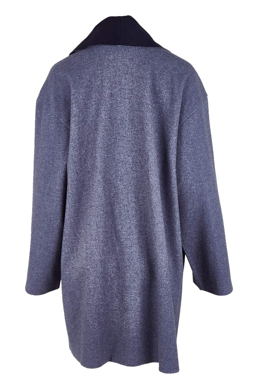 Product shot of the Klein Duster Coat in colour Denim (Blue), from the back