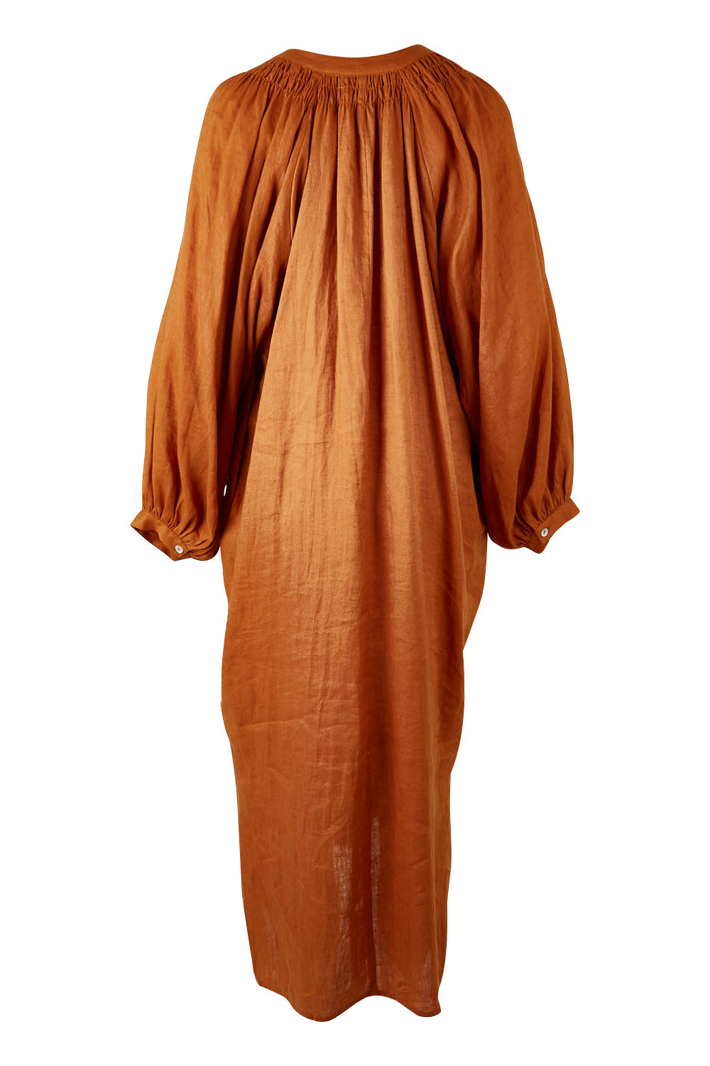 Product shot of the Nama Dress in colour Ochre, from the back
