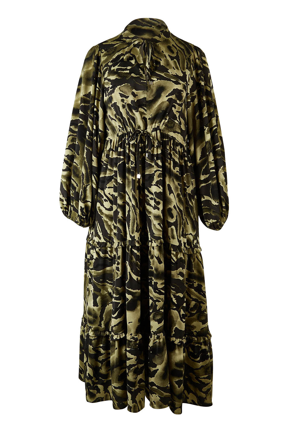 Product shot of the Mayan Tiered Maxi in colour Fern (Green), from the front