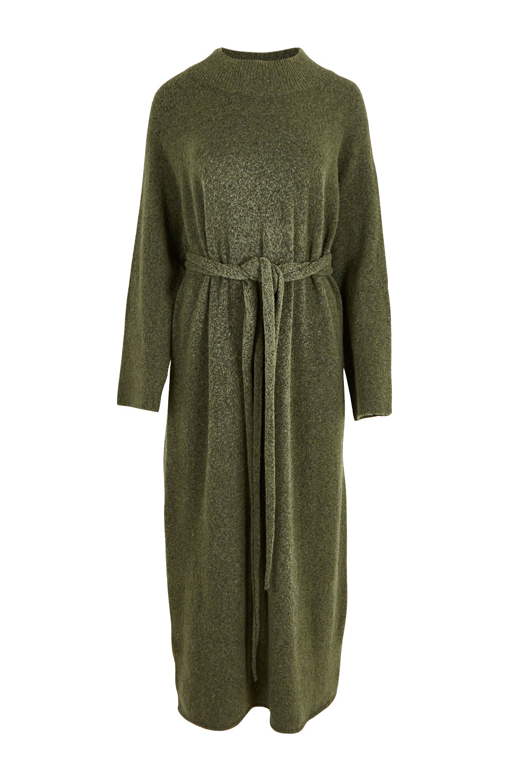 Product shot of the Paarl Tie Knit Dress in colour Moss (Green), from the front