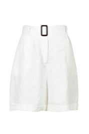 Product shot of the Halcyon Linen Shorts in colour Opal (White), from the front