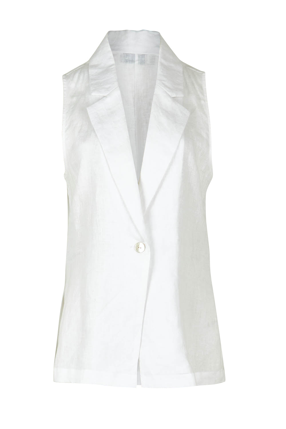 Product shot of the Halcyon Linen Vest in colour Opal (White), from the front