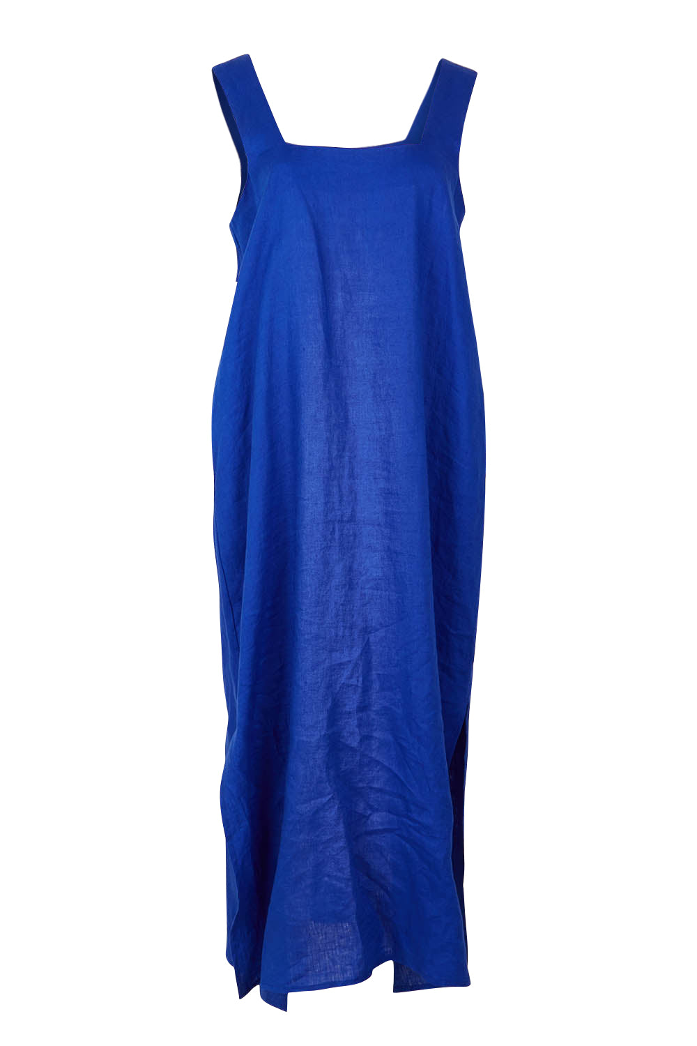 Product shot of the Halcyon Linen Tank Dress in colour Cobalt (Blue), from the front