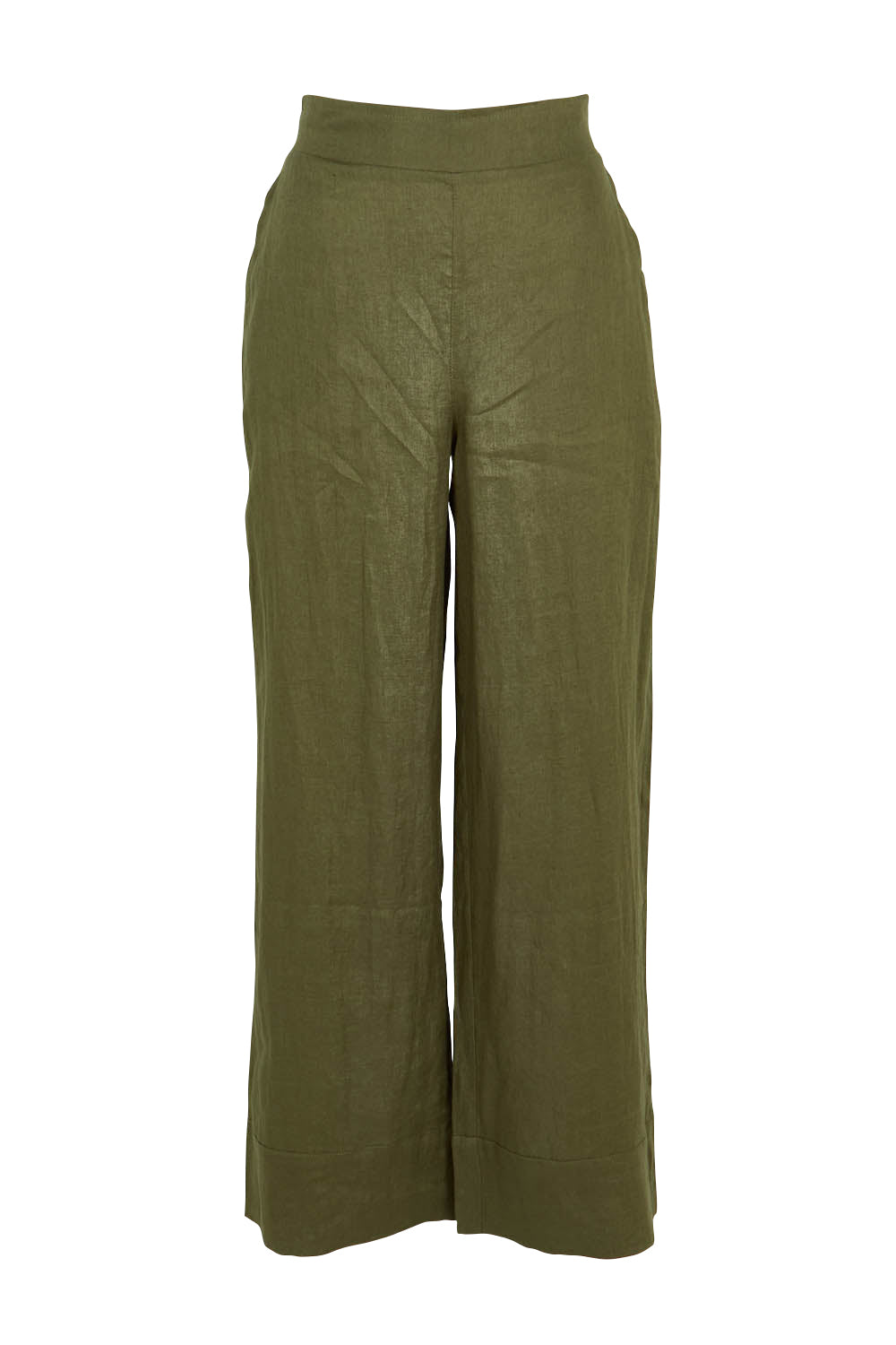 Product shot of the Studio Linen Pant in colour Khaki (Green), from the front
