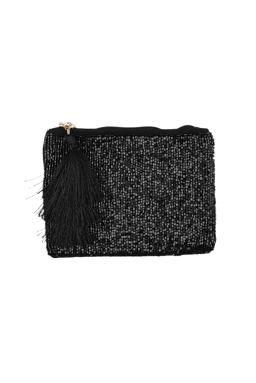 Product shot of the Playa Beaded Pouch in colour Black (Black), from the front