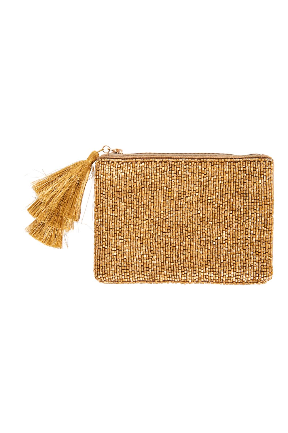 Product shot of the Playa Beaded Pouch in colour Gold (Metallics), from the front