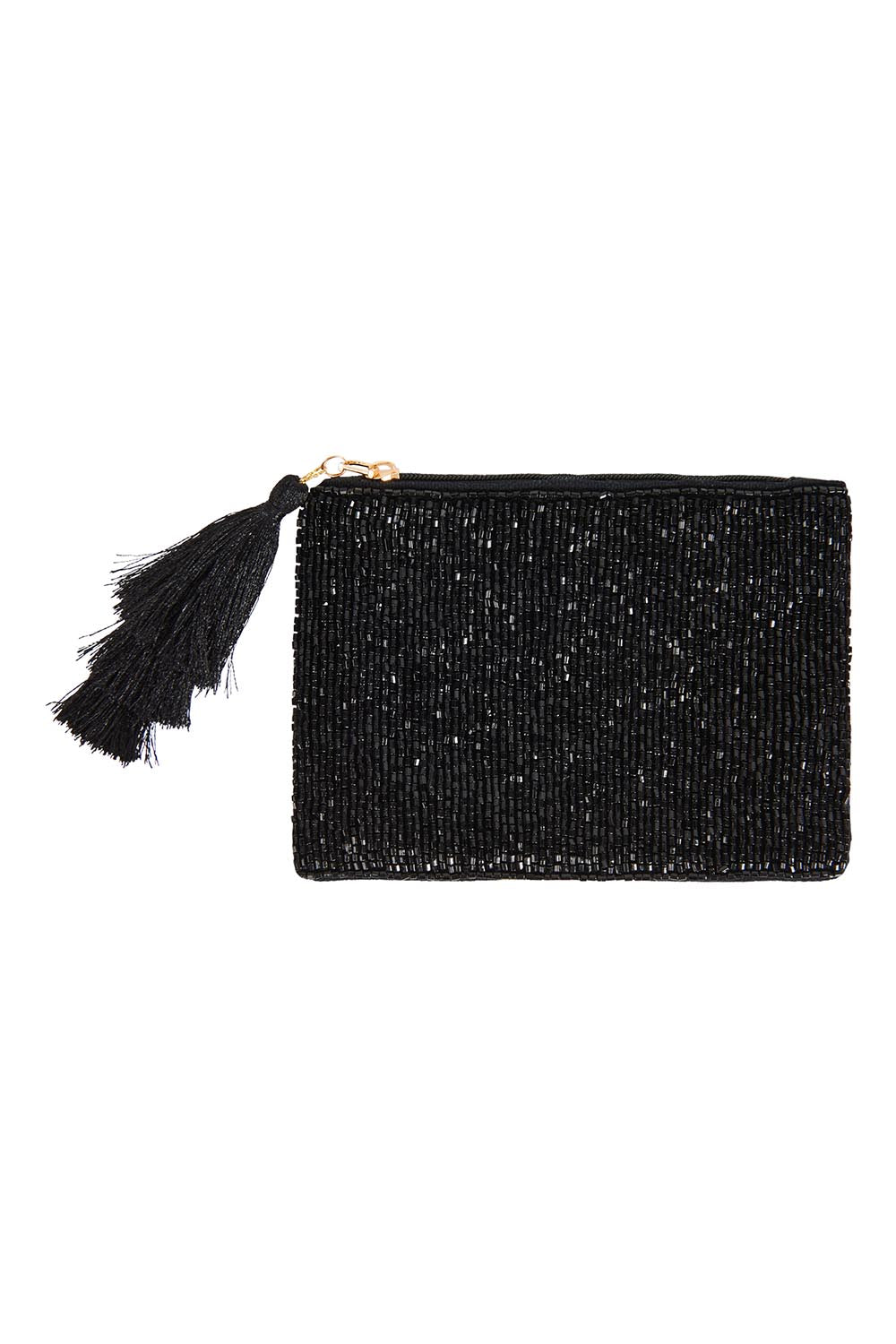 Product shot of the Playa Beaded Pouch in colour Sable (Black), from the front
