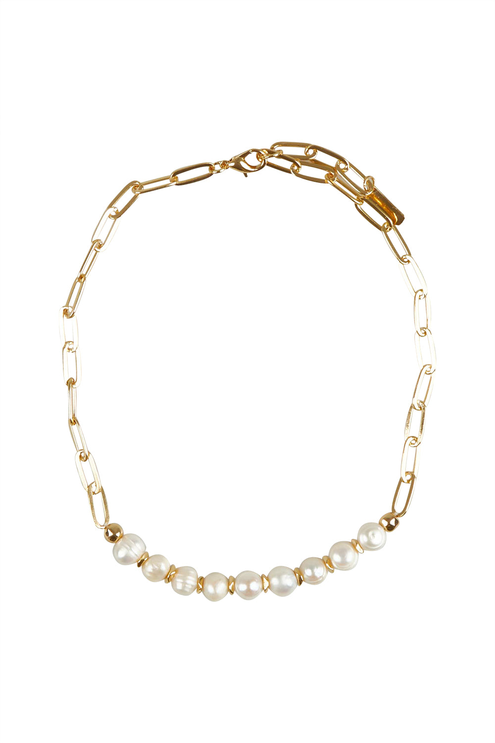 Product shot of the Ivy Pearl Necklace in colour Goldpearl (Metallics), from the front