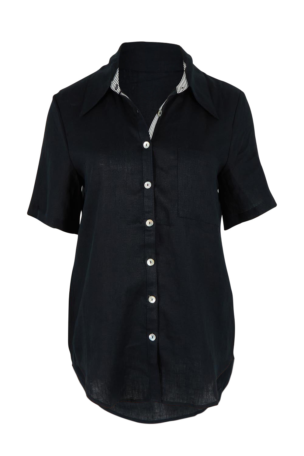Product shot of the Studio Linen Short Sleeve Shirt in colour Black (Black), from the front