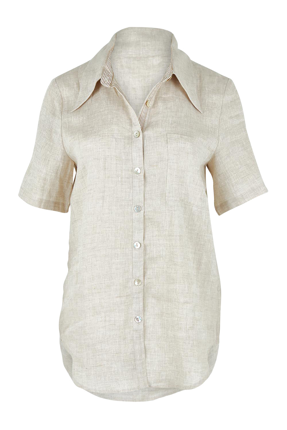 Product shot of the Studio Linen Short Sleeve Shirt in colour Dune, from the front