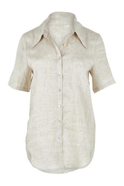 Product shot of the Studio Linen Short Sleeve Shirt in colour Dune, from the front