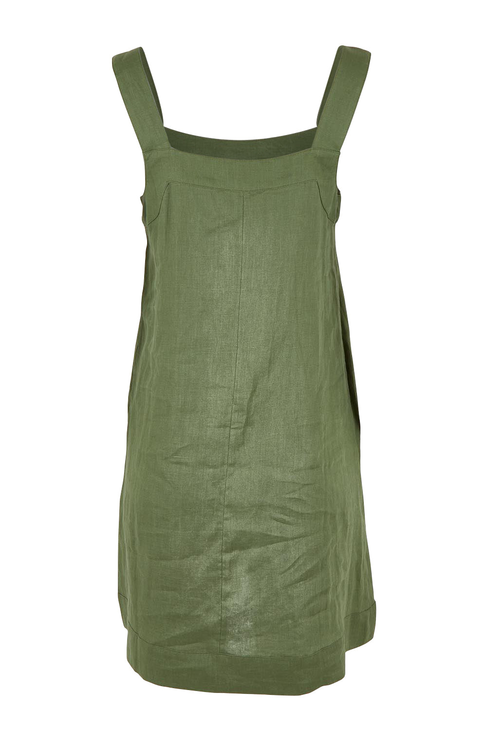 Product shot of the Studio Linen Short Tank Dress in colour Khaki (Green), from the back