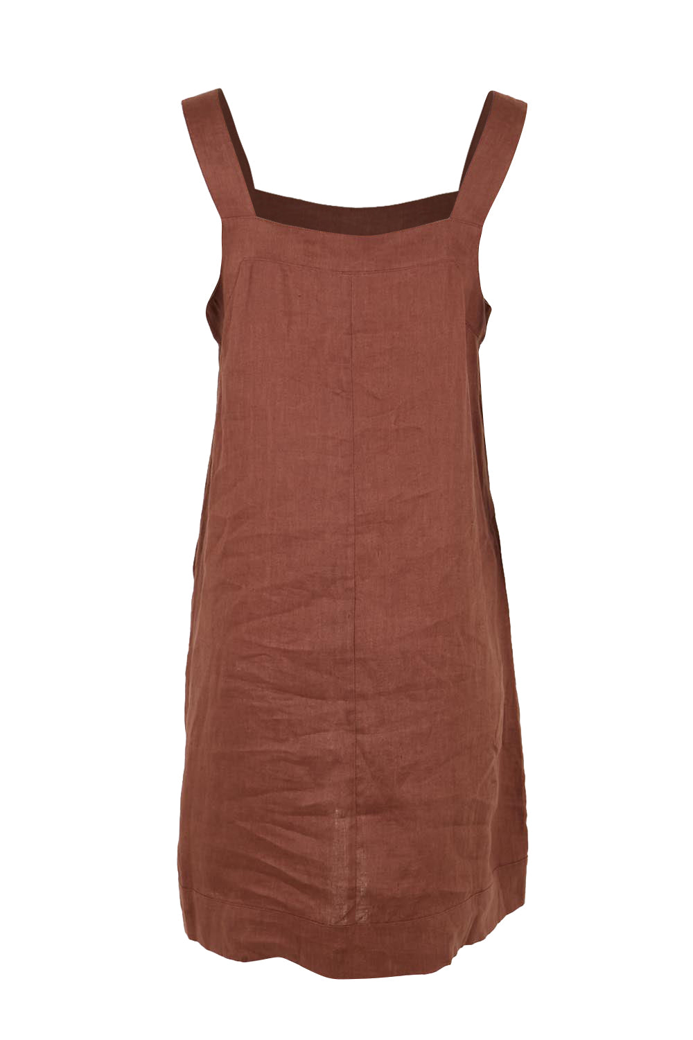 Product shot of the Studio Linen Short Tank Dress – Chocolate in colour Chocolate, from the back