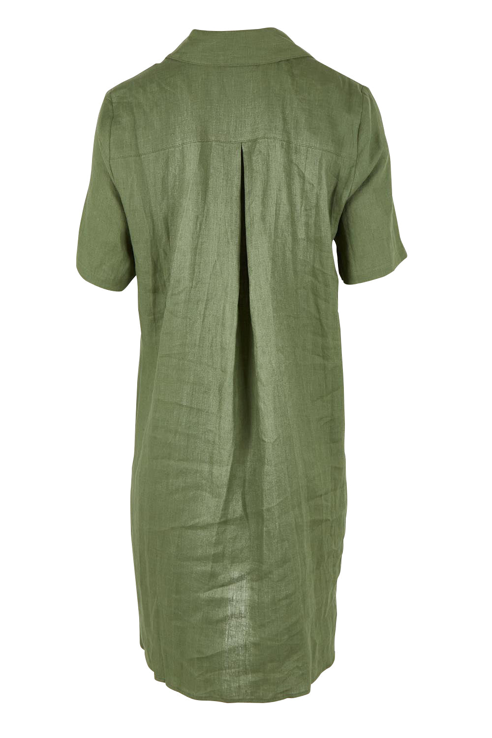 Product shot of the Studio Linen Short Shirt Dress in colour Khaki (Green), from the back