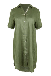 Product shot of the Studio Linen Short Shirt Dress in colour Khaki (Green), from the front