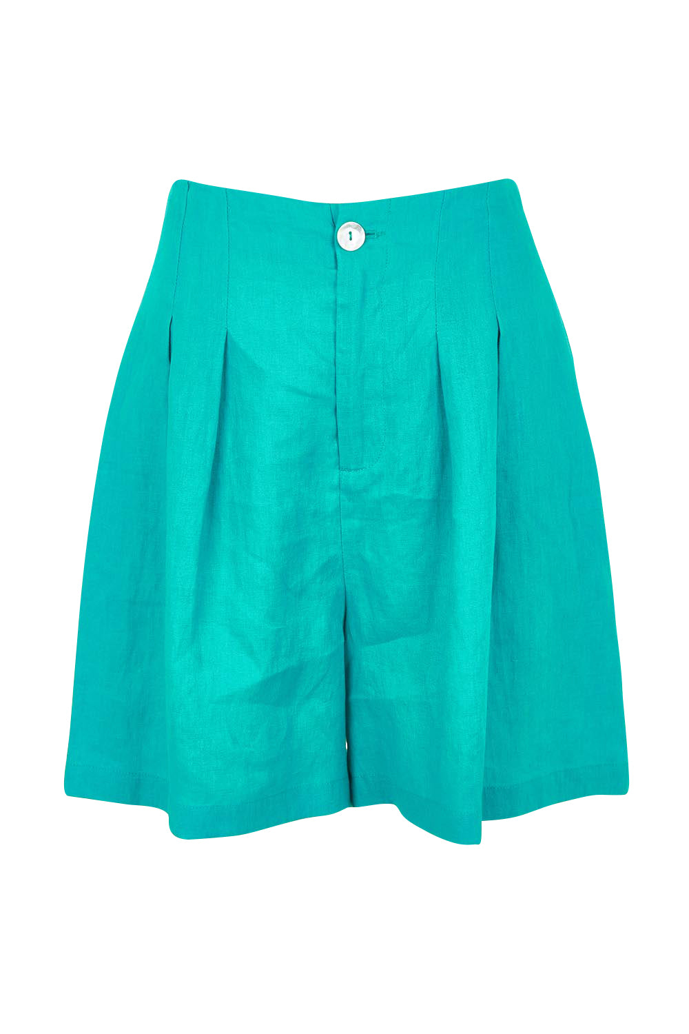 Product shot of the Miramar Linen Short in colour Lagoon (Blue), from the front