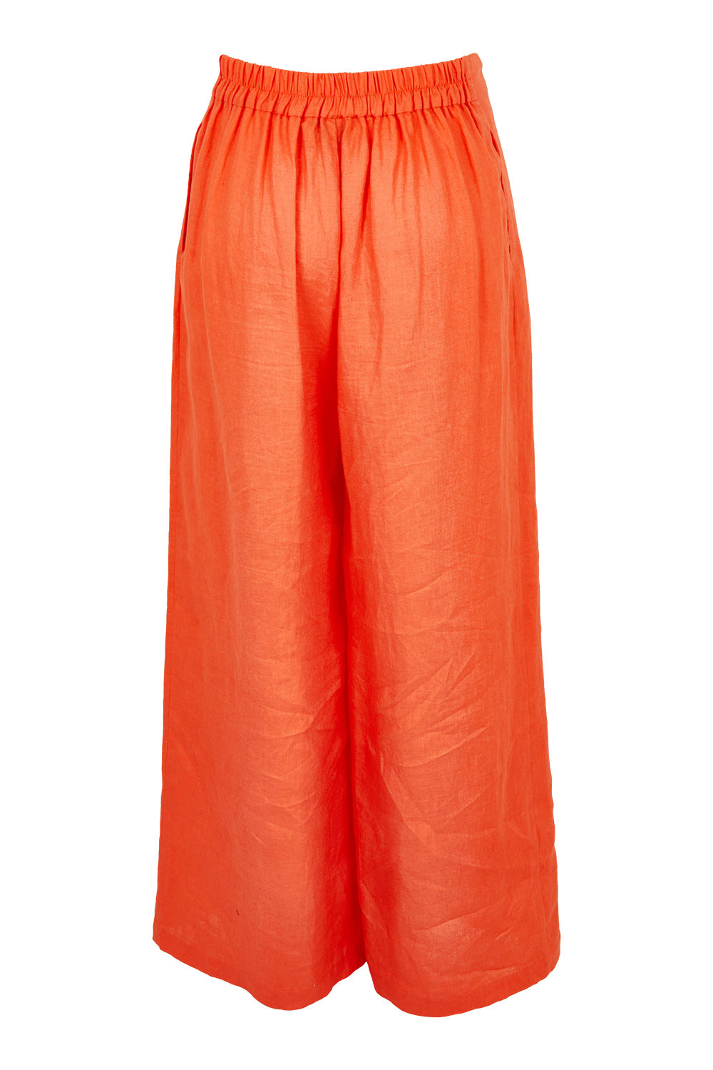 Product shot of the Miranar Linen Palazzo Pant in colour Coral (Red), from the back