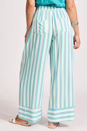 A model wearing the Treville Stripe Pant in colour Aqua (Blue), from the back