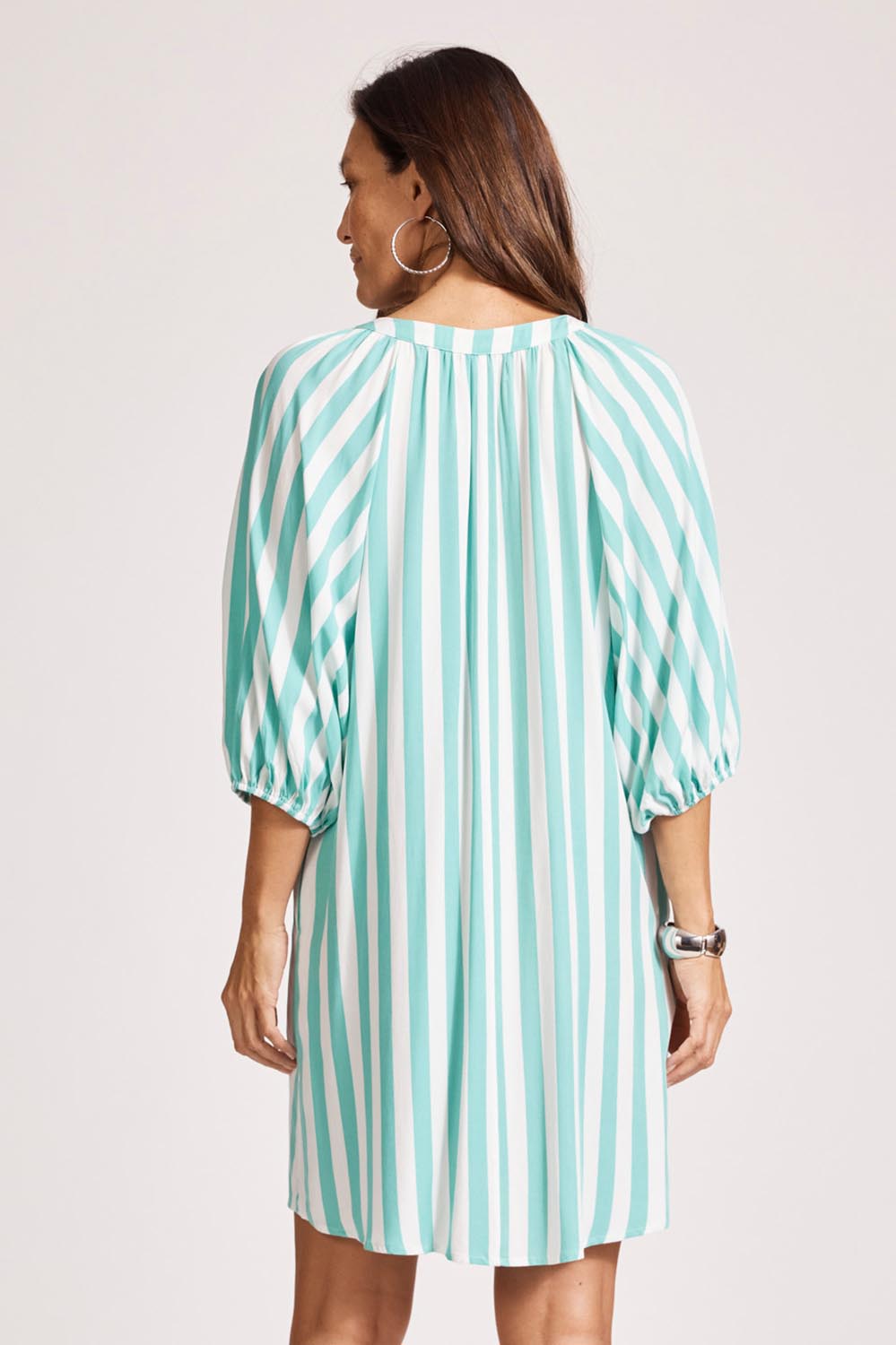 A model wearing the Treville Stripe Dress in colour Aqua (Blue), from the back