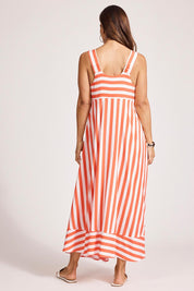 A model wearing the Treville Stripe Tank Maxi Dress in colour Coral (Red), from the back
