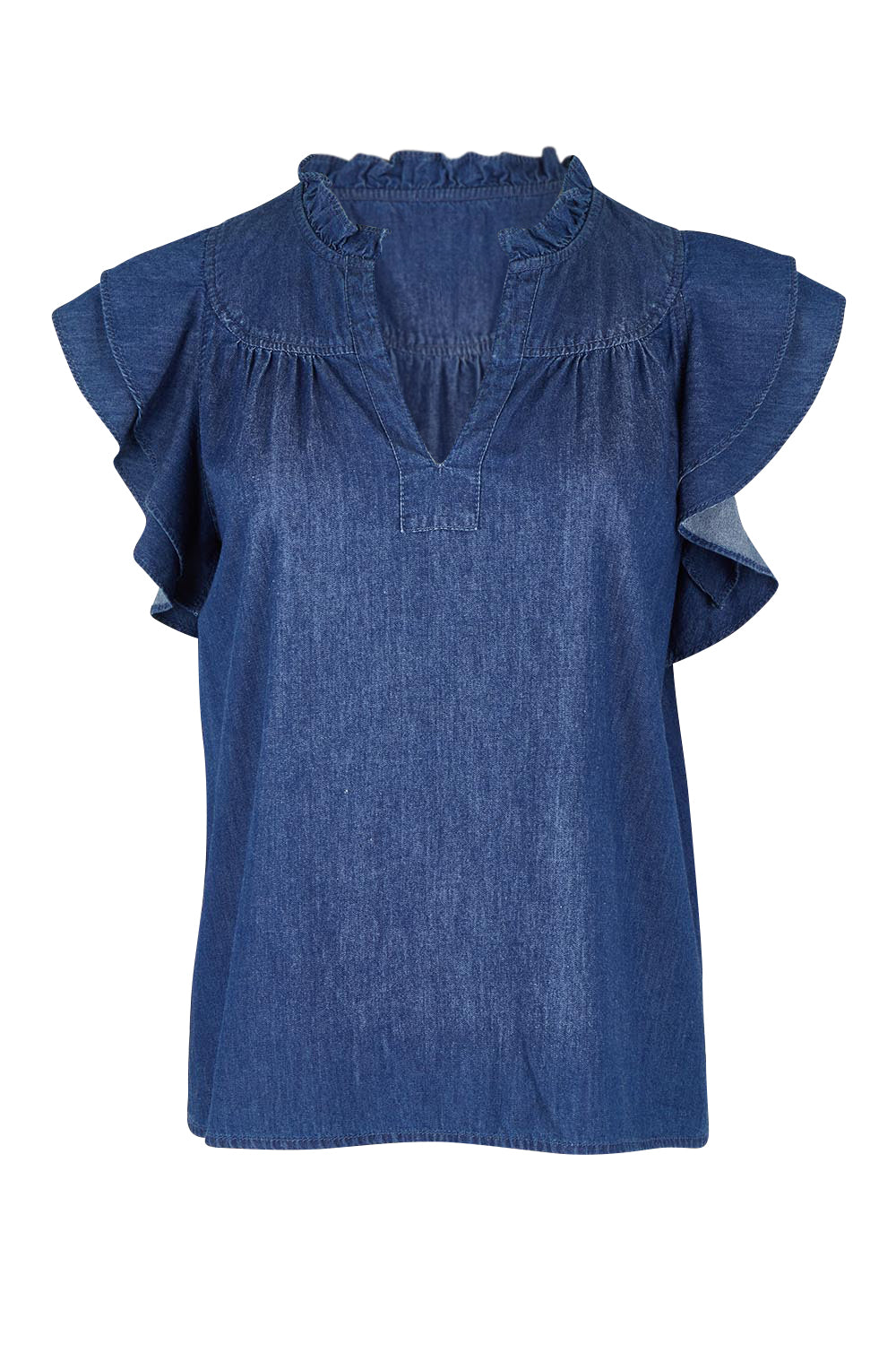 Product shot of the Melenia Denim Frill Top in colour Indigo (Blue), from the front
