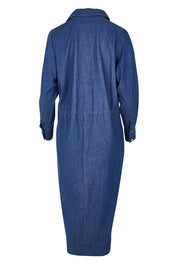 Product shot of the Melenia Denim Collared Dress in colour Indigo (Blue), from the back