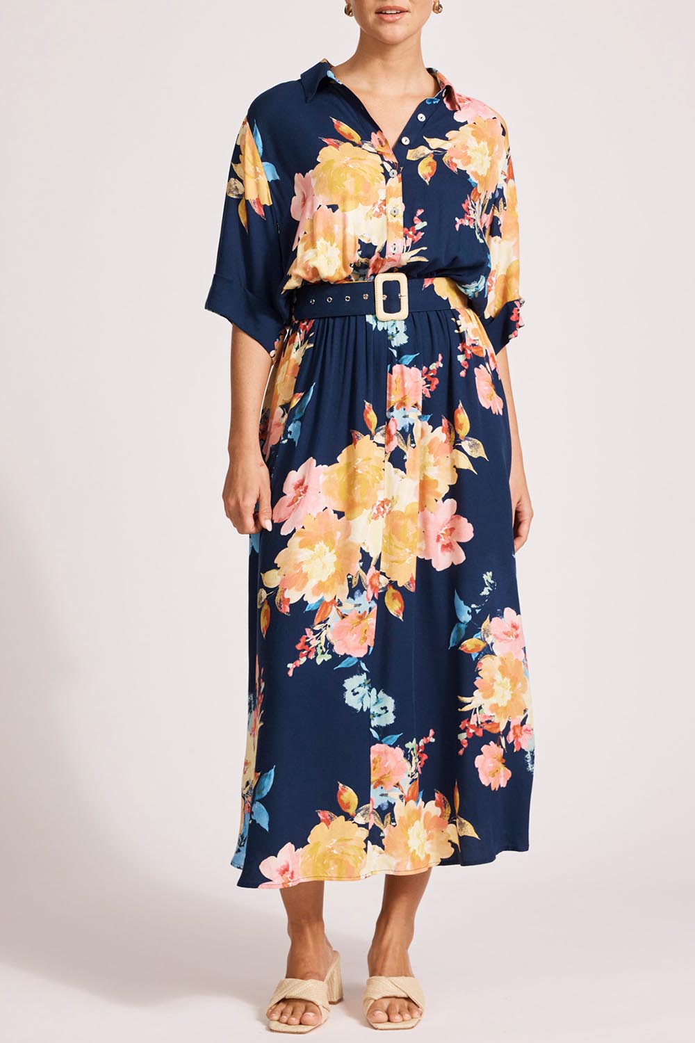 A model wearing the Parisio Belt Shirt Dress in colour Indigobloo, from the front, cropped image