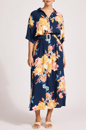 A model wearing the Parisio Belt Shirt Dress in colour Indigobloo, from the front, cropped image
