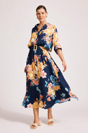 A model wearing the Parisio Belt Shirt Dress in colour Indigobloo, from the front, showing the whole outfit