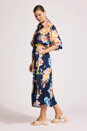 A model wearing the Parisio Belt Shirt Dress in colour Indigobloo, from the front, showing the whole outfit