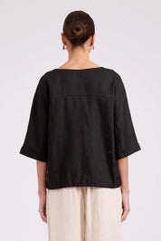 Model Genericm wearing size sample of the Studio Linen Button Top Jacket – Black in colour Black, from the back