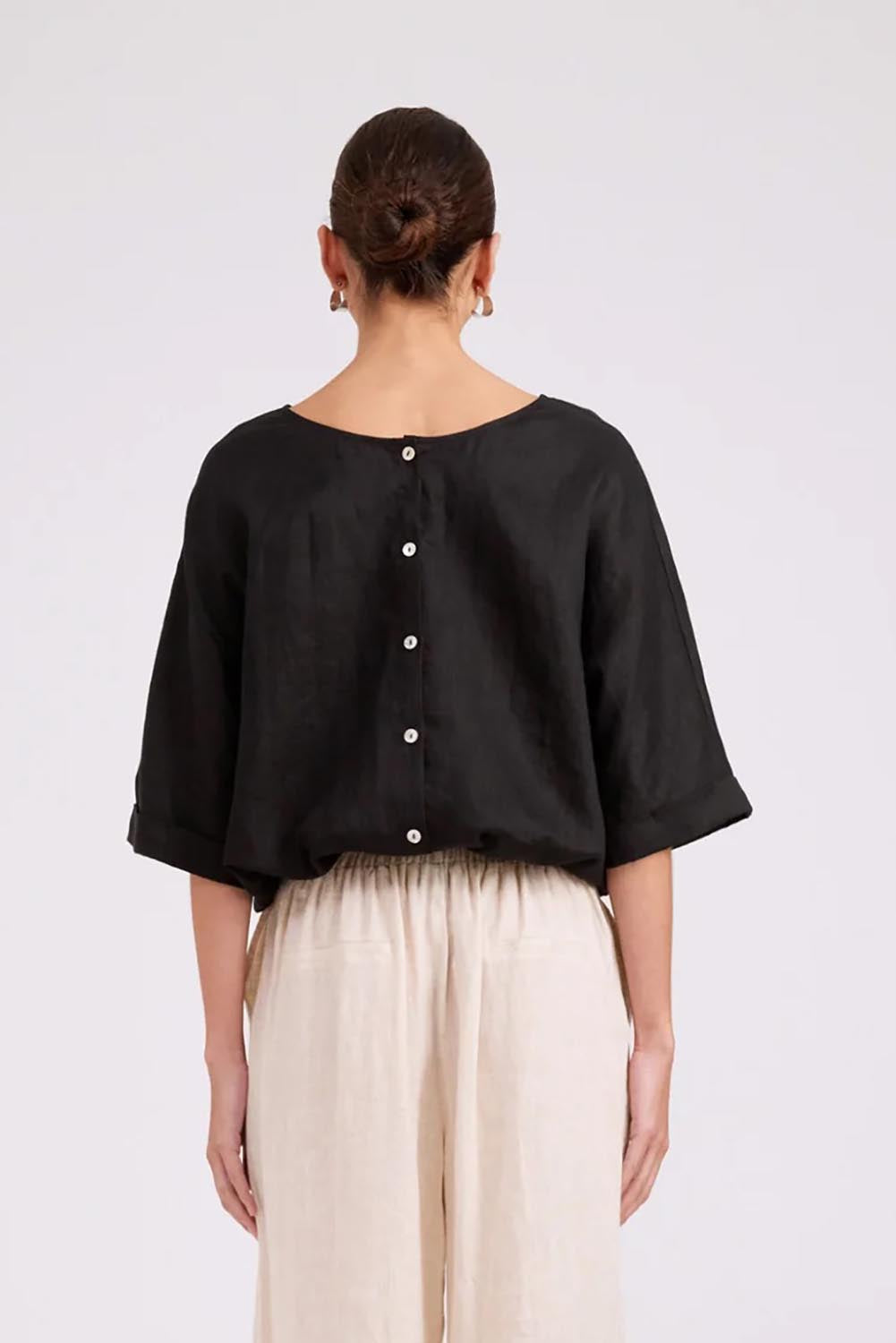 Model Genericm wearing size sample of the Studio Linen Button Top Jacket – Black in colour Black, from the back