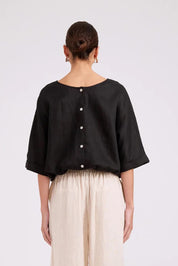 Model Genericm wearing size sample of the Studio Linen Button Top Jacket – Black in colour Black, from the back