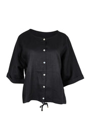 Product shot of the Studio Linen Button Top Jacket – Black in colour Black, from the front