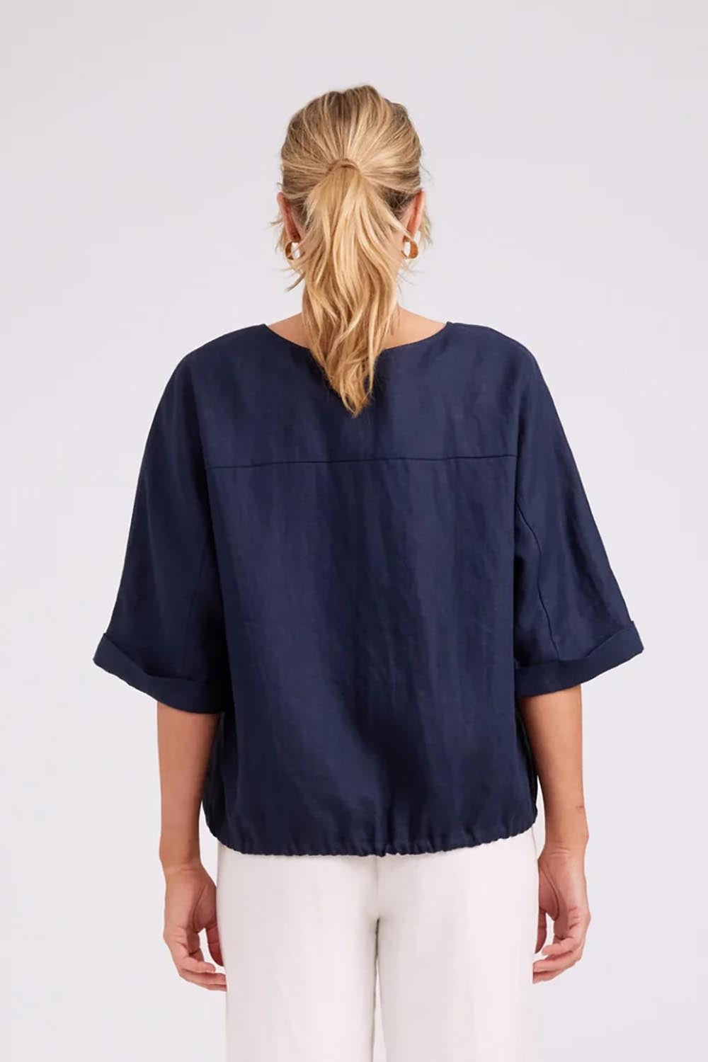 Model Genericm wearing size sample of the Studio Linen Button Top Jacket – Navy in colour Navy, from the back