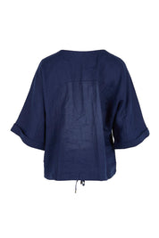 Product shot of the Studio Linen Button Top Jacket – Navy in colour Navy, from the back