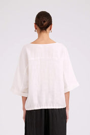 Model Genericm wearing size sample of the Studio Linen Button Top Jacket – White in colour White, from the back