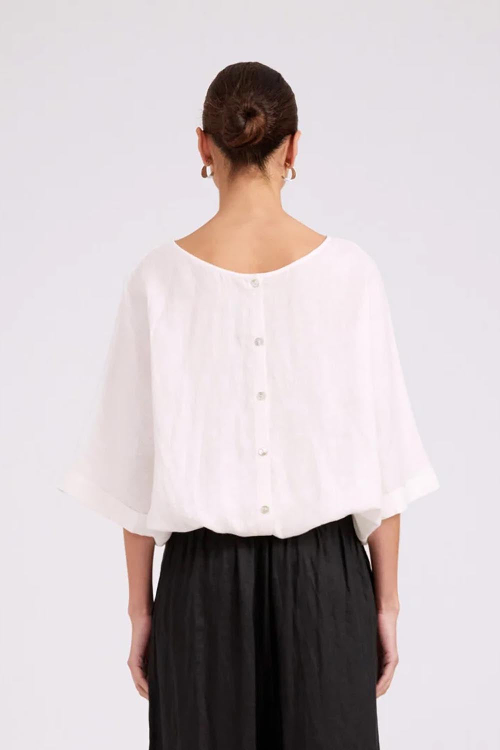 Model Genericm wearing size sample of the Studio Linen Button Top Jacket – White in colour White, from the back