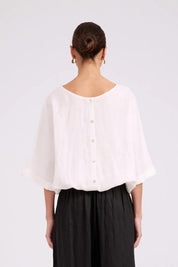 Model Genericm wearing size sample of the Studio Linen Button Top Jacket – White in colour White, from the back