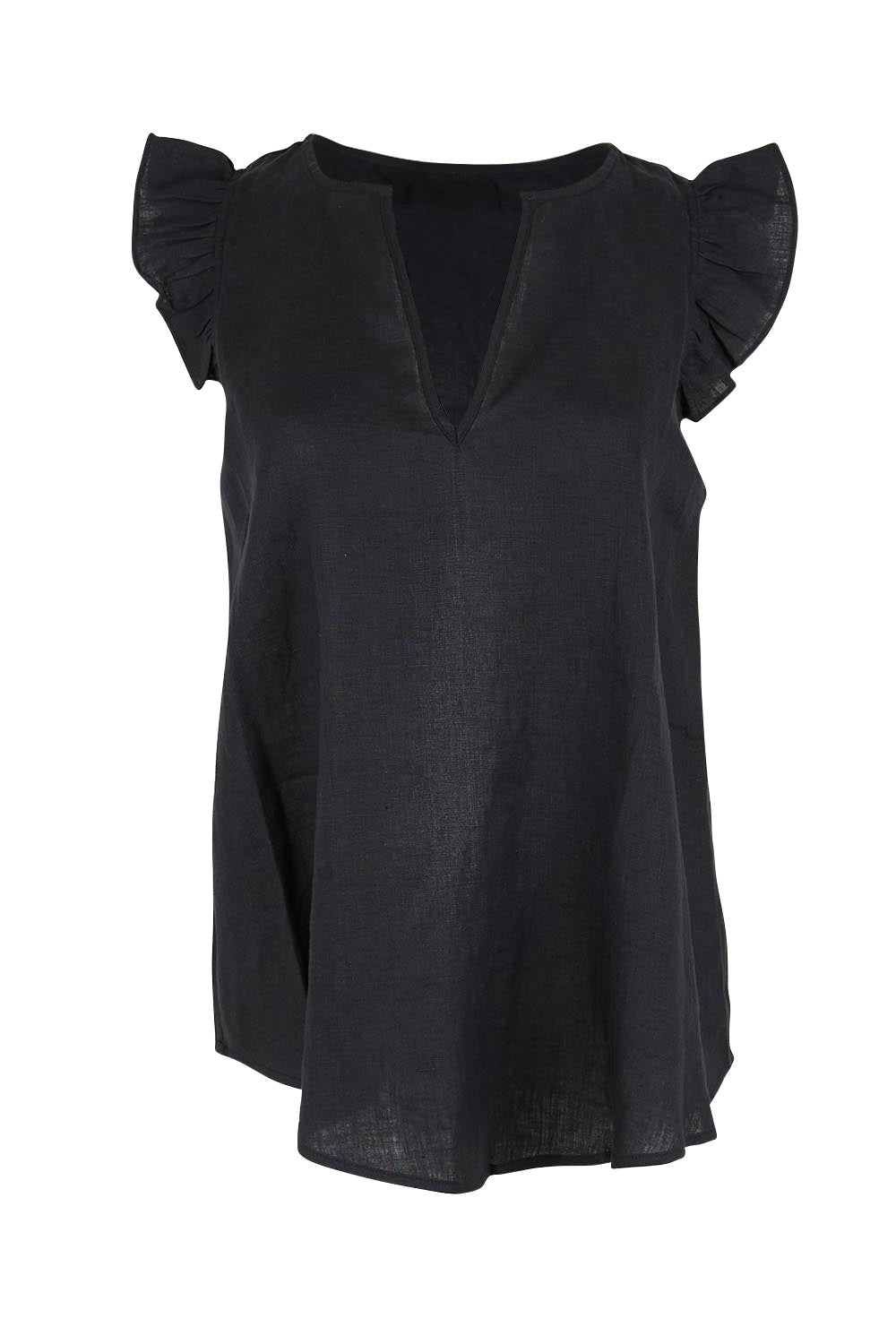 Product shot of the Studio Linen Frill Tank – Black in colour Black, from the front