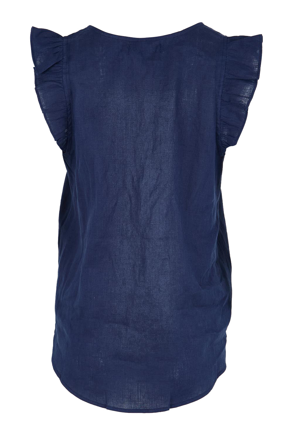 Product shot of the Studio Linen Frill Tank – Navy in colour Navy, from the back