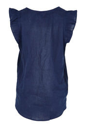 Product shot of the Studio Linen Frill Tank – Navy in colour Navy, from the back