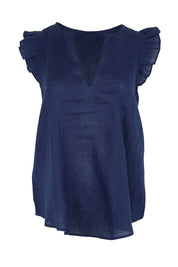 Product shot of the Studio Linen Frill Tank – Navy in colour Navy, from the front