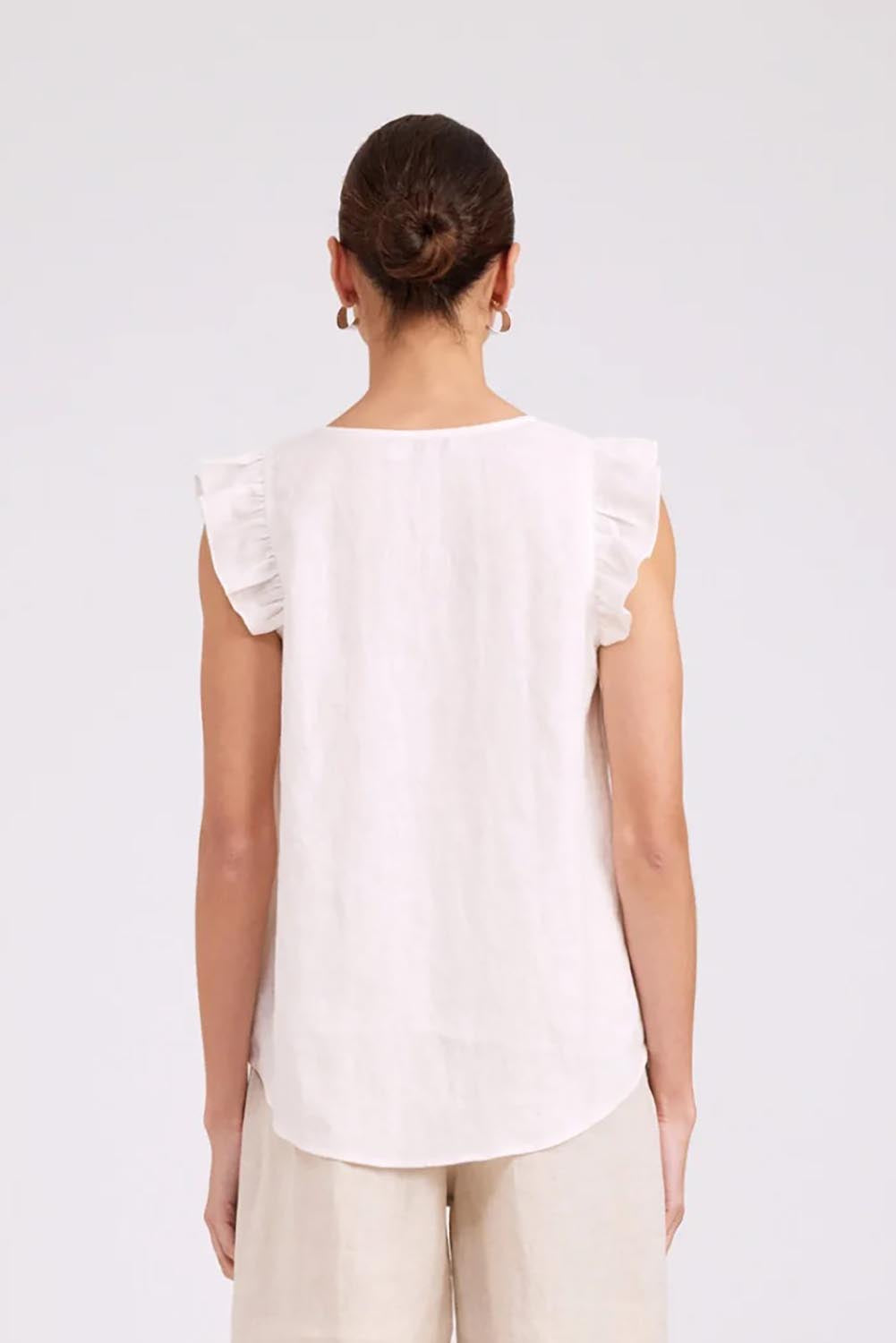 Model Genericm wearing size sample of the Studio Linen Frill Tank – White in colour White, from the back
