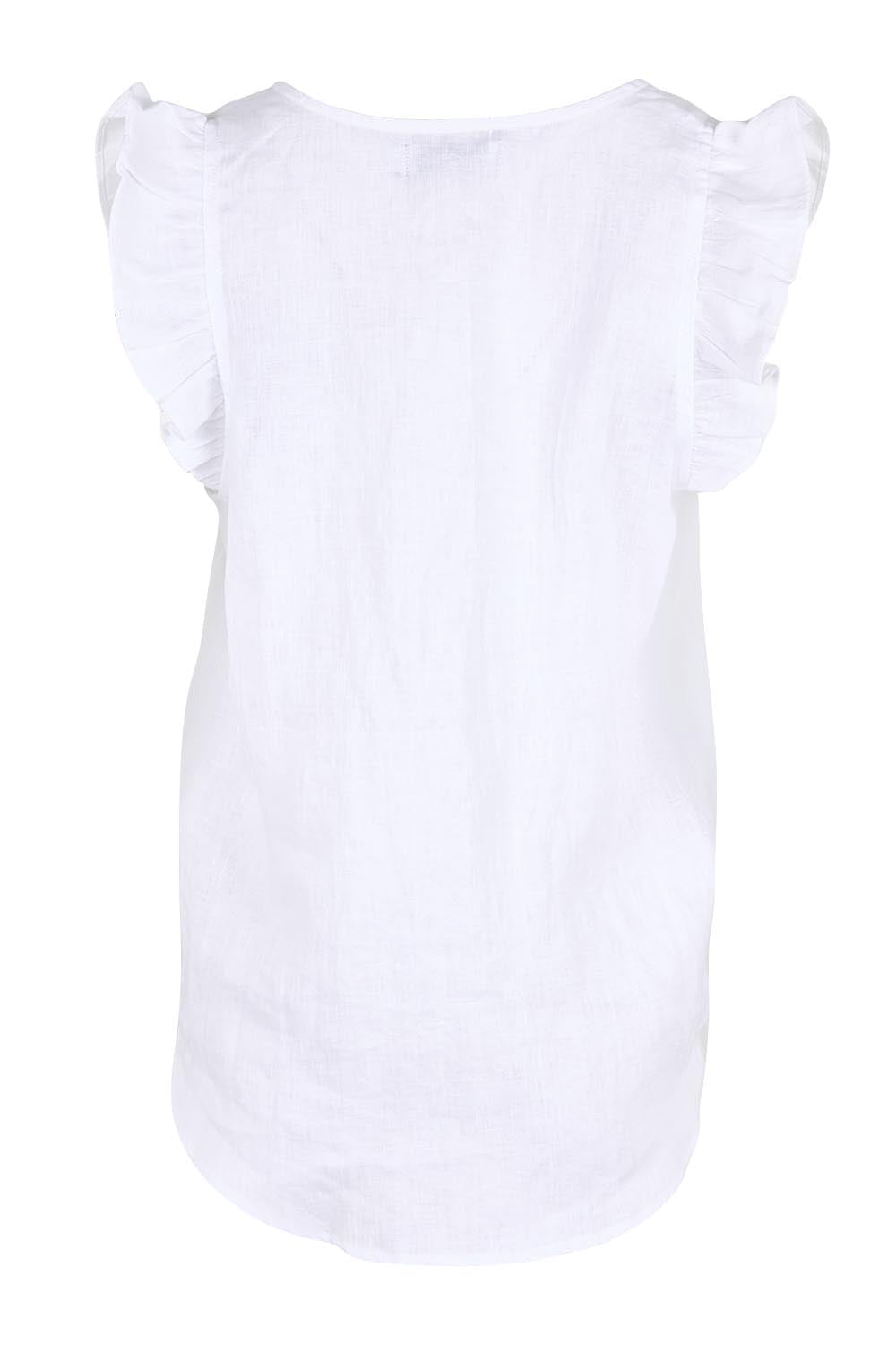 Product shot of the Studio Linen Frill Tank – White in colour White, from the back