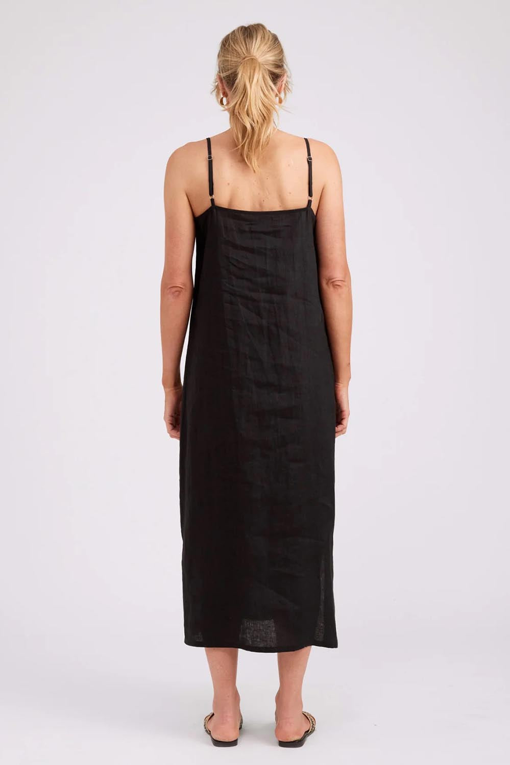 Model Genericm wearing size sample of the Studio Linen Tank Maxi Dress – Black in colour Black, from the front