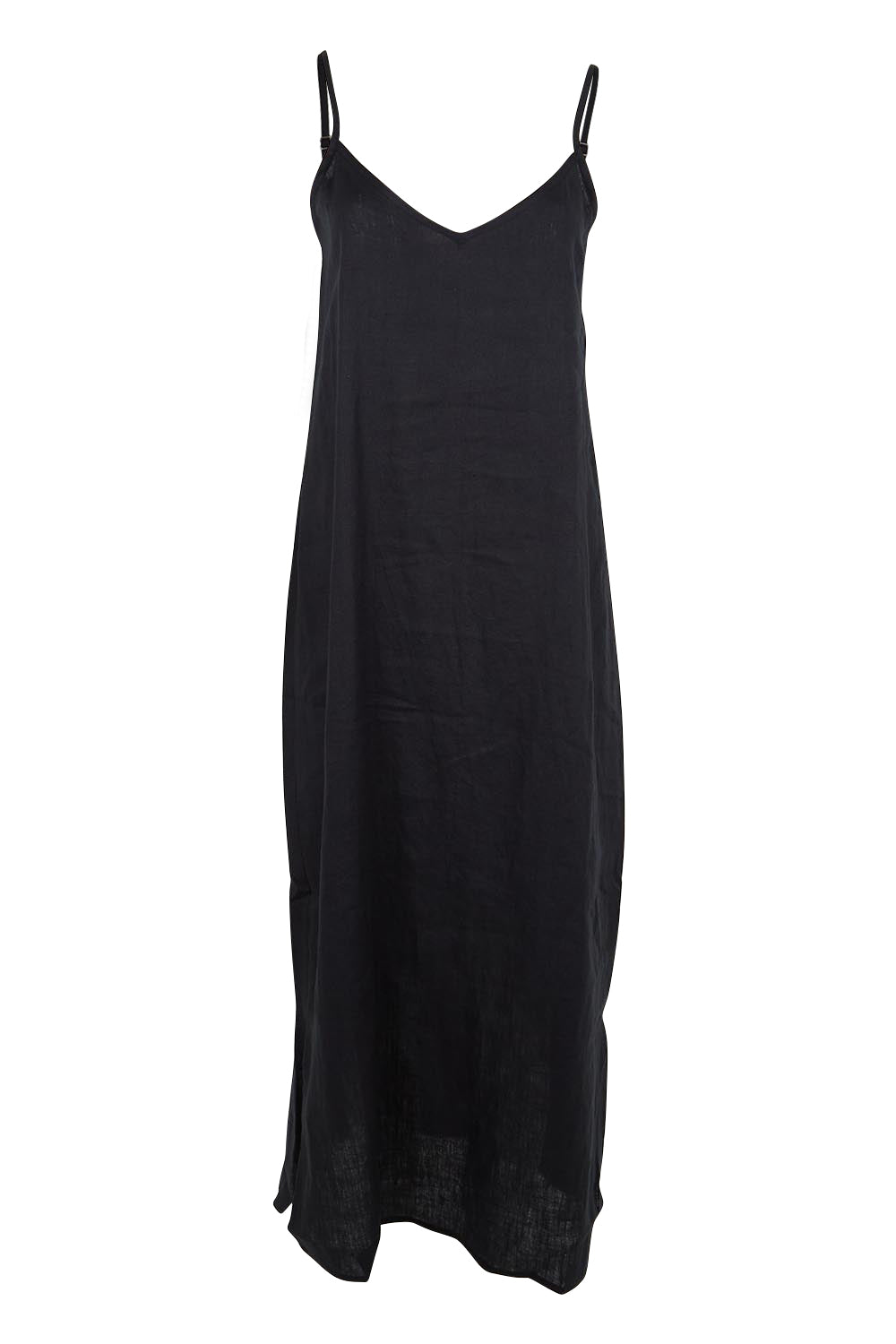 Product shot of the Studio Linen Tank Maxi Dress – Black in colour Black, from the front